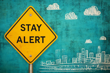 Yellow stay alert caution traffic sign with bold black text, urban skyline sketch background with drawn white clouds, safety awareness message for driving, road security concept, outdoor warning signa
