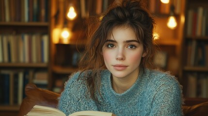 Woman reading in library