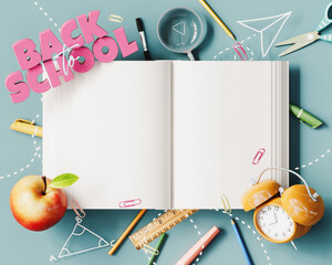 Opened blank notepad with copy space and school accessories on blue background. Back To School concept design with text. 3D Rendering, 3D Illustration	