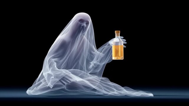 Ghostly figure is holding a bottle of alcohol. The ghostly figure is sitting on the ground and he is holding the bottle in its hand. Scene is eerie and mysterious