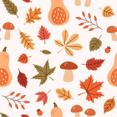 Seamless cozy autumn pattern with leaves, pumpkins, mushrooms and berries.