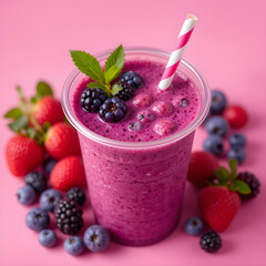 A vibrant purple-pink smoothie made from mixed berries, served in a transparent takeaway cup with a colorful straw, fresh berries scattered around on a bright background
