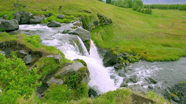 Capture the slow motion beauty of the lower Window Waterfall at South Coast Iceland, filmed on June 11, 2025, showcasing summer flow.
