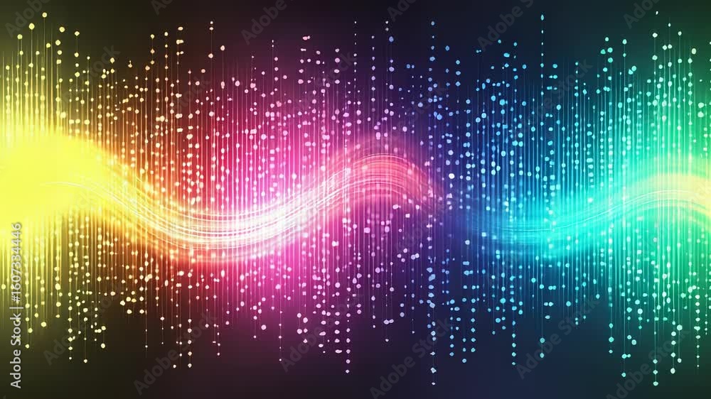 Poster dynamic colorful light streaks flowing across dark background with glowing particles