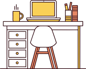 Yellow laptop and coffee mug on desk with chair and books computer