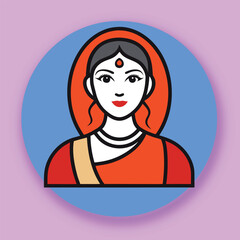 Indian Woman Avatar with Red Orange Sari and Blue Circle Background portrait female