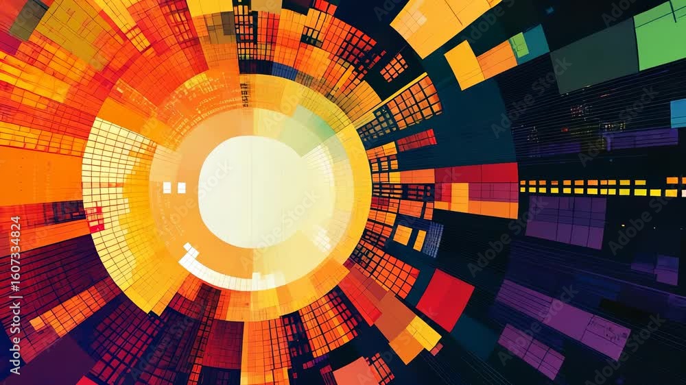 Poster abstract technological radial graphic design with vibrant colorful blocks animation