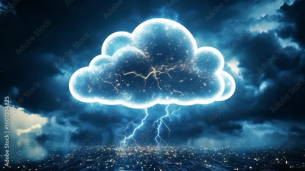 Poster cloud computing concept with lightning strikes, data storage, and connectivity