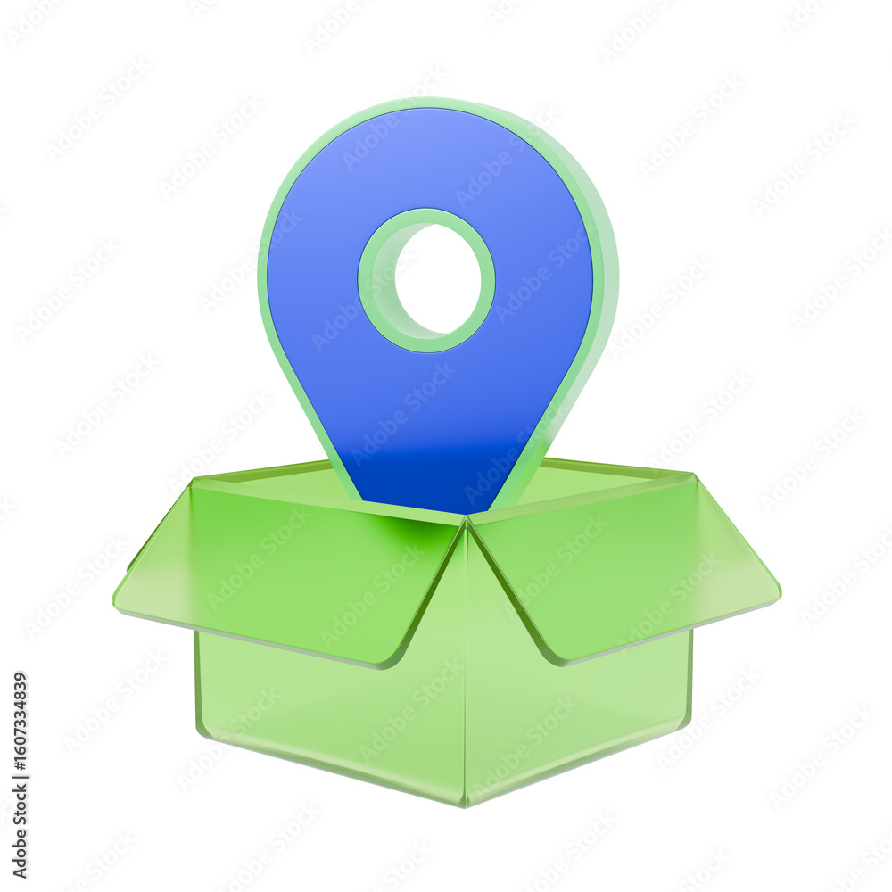 Poster 3d icon of logistics concept with gps pointer on the top of delivery box.