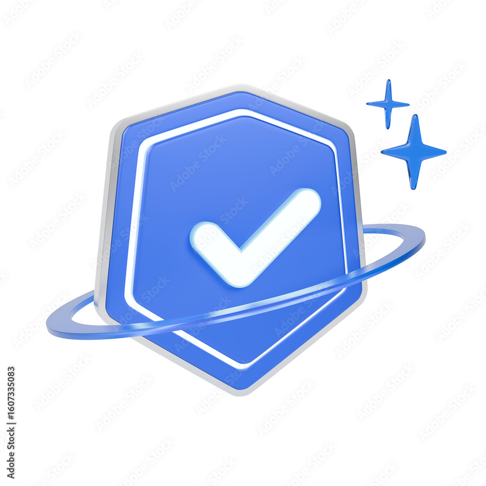 Poster 3d security check mark icon designed as a logo, enclosed within a circular ring.