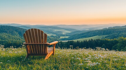 Wooden Adirondack chair atop a hill, wildflowers, sunset view