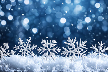 Close up macro of delicate snowflakes on fluffy snow surface, winter frost crystalline patterns, frozen snowflakes with bokeh background, cold weather ice crystals, seasonal nature texture background