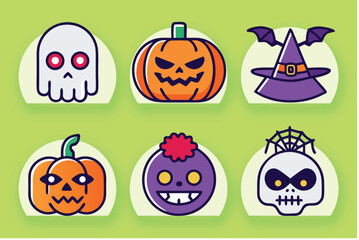 Six Halloween icons featuring pumpkins skulls and witch hat vector