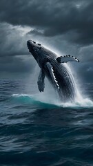 Fototapeta premium Majestic humpback whale breaching the ocean surface, dramatic sky creating stunning seascape