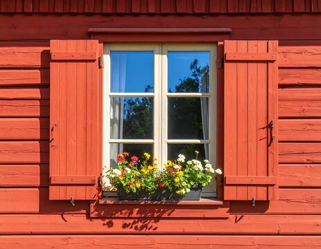 Red wooden house window with flowers - Powered by Adobe