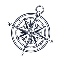 Vintage Compass Rose Nautical Illustration Design Element on White Background