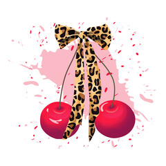 Glossy cherries tied with bold leopard print ribbon. Stylish illustration of cherry on pink splashes and drops background . Modern fruity style for stickers, fashion, decor, and branding.