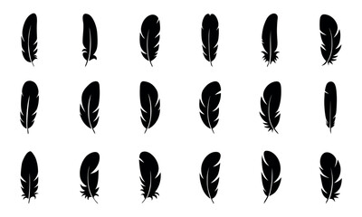 Set of feather icons, decorative black quill vector collection
