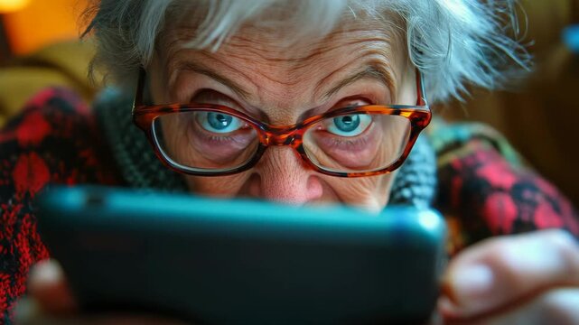 An elderly woman wearing fashionable glasses is looking at a smartphone, reflecting the generational shift in technology use and accessibility.