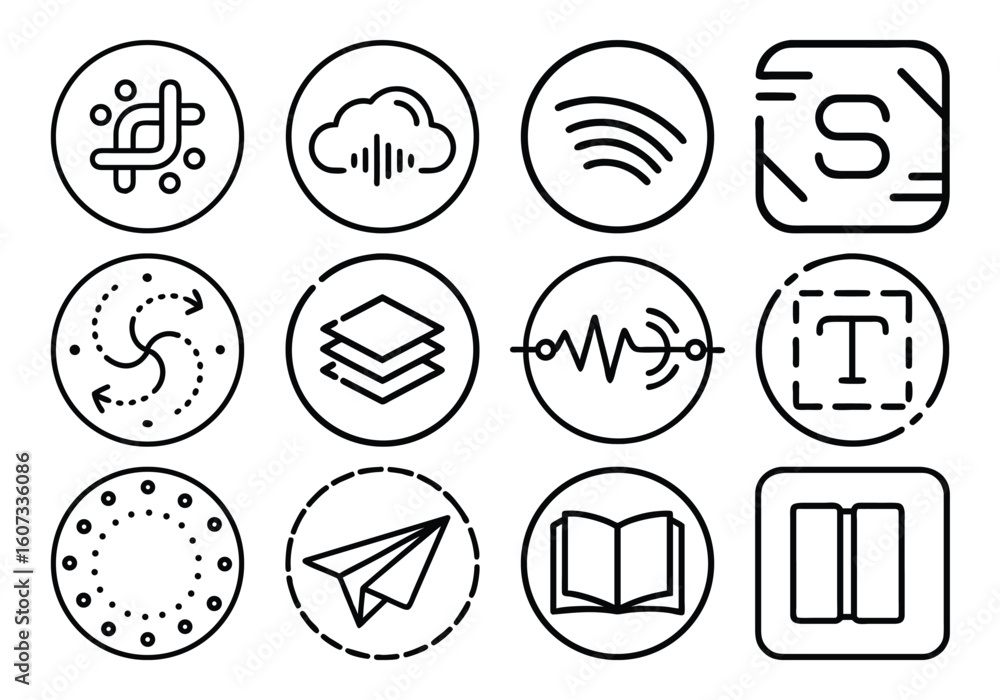 Aufkleber vector art of a collection of twelve black and white outline icons representing abstract concepts, t