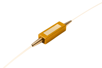 Gold rectangular fiber optic component with attached cables on both ends on a transparent background