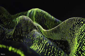 Futuristic abstract digital wave landscape with glowing neon green particles, dynamic flowing data streams on dark background, 3D technology visualization, artificial intelligence network cyber space 