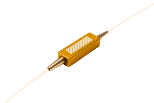 Gold rectangular fiber optic component with attached cables on both ends on a transparent background