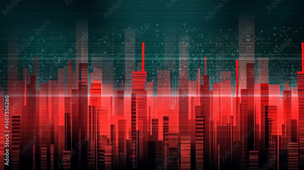 Poster dynamic digital sound wave visualization with glowing cityscape backdrop