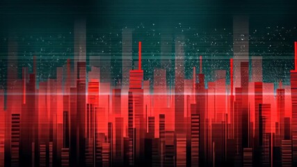 Dynamic digital sound wave visualization with glowing cityscape backdrop - Powered by Adobe