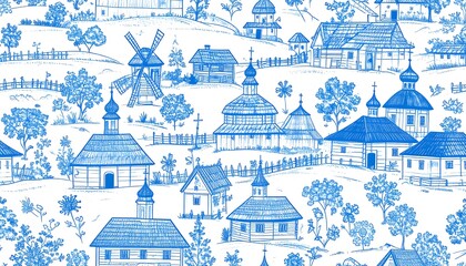 Blue-on-white village scene