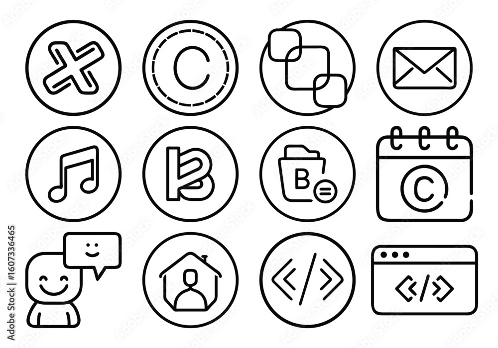 Poster vector art of a collection of twelve black and white outline icons representing various digital and 
