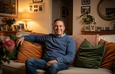 Fototapeta premium Joyful man in comfortable home space smiling gently as he sits in a peaceful setting with inviting decor