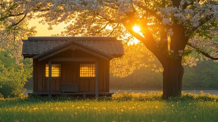 Wooden cabin bathed in sunset light, cherry blossoms