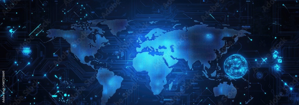 Poster global network map overlaid with digital circuitry