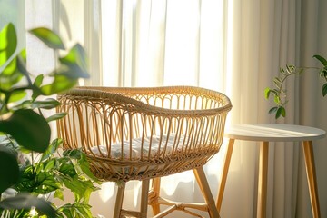 Fototapeta premium Sunlight streams into a room, highlighting a woven crib nestled among lush greenery