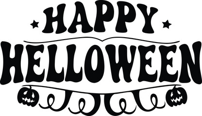 Happy Halloween decorative typography. Vector illustration with a pumpkin garland, bats, and spiderwebs. Festive holiday graphic for a party invitation or banner, isolated on white background.