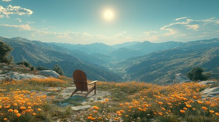 Wooden chair atop mountain, wildflowers, sun