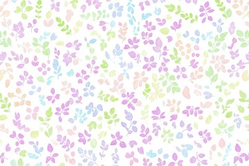 Delicate, pastel-colored, abstract leaf pattern on a white background.  Small, stylized leaves and stems in various shades of light purple, 