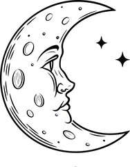 Moon Hand-drawn celestial crescent moon with a face and stars. Mystical, esoteric symbol for astrology, tarot, or tattoo design. Engraving style vector graphic, isolated on white.