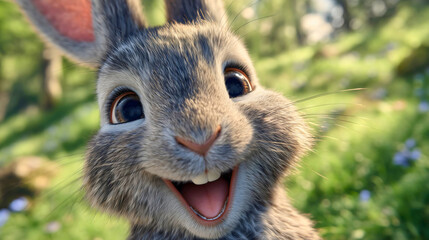 Smiling small animals, a happy rabbit hopping with a big smile on a sunny day
