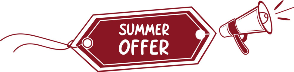 Isolated red summer offer tag, bold white text, clean discount label, minimal flat design, promotional sale banner, modern shopping icon, editable vector