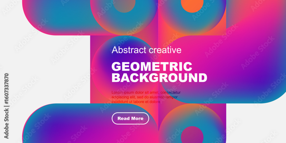 Poster vibrant abstract shapes overlap black space. text promotes geometric background design, includes rea
