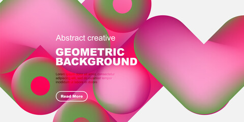 Abstract pink geometric shapes overlap black background. Text includes geometric background, plus sample lorem ipsum text, button visible.