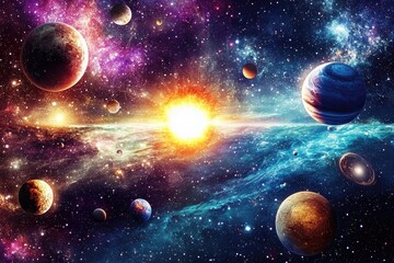 Colorful cosmic expanse with planets and a blazing star