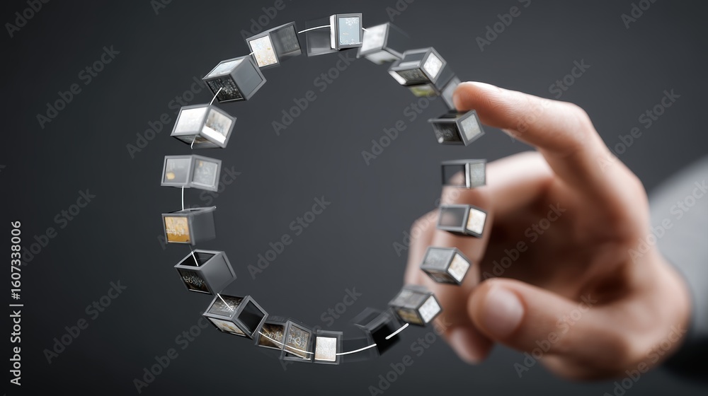 Poster a hand interacts with a floating circular array of small digital screens, showcasing futuristic tech