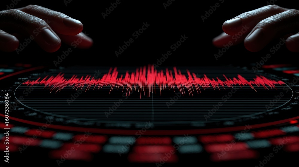 Poster Hands hover over a digital interface displaying a red waveform, suggesting sound or data analysis in a futuristic, high-tech environment, virtual 3D dashboard with AI