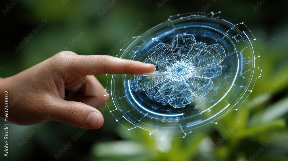 Poster a hand interacts with a futuristic holographic interface displaying a digital flower, symbolizing te