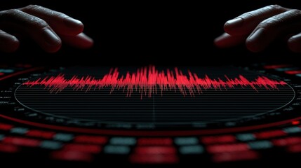 Hands hover over a digital interface displaying a red waveform, suggesting sound or data analysis in a futuristic, high-tech environment, virtual 3D dashboard with AI