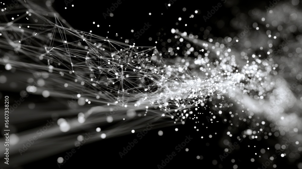 Poster abstract digital network of interconnected white lines and dots on a black background, representing 