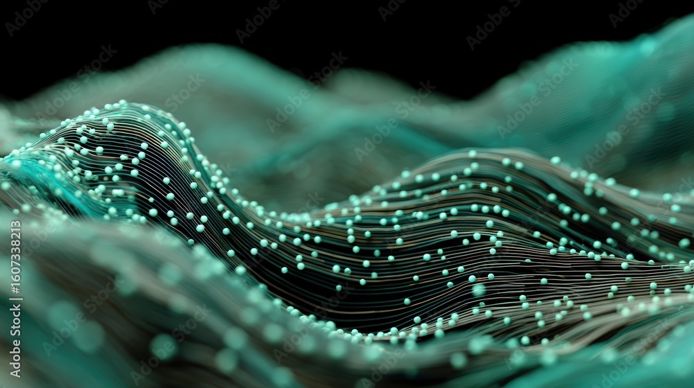 Poster a digital abstract wave composed of interconnected glowing dots and lines forming fluid, flowing pat